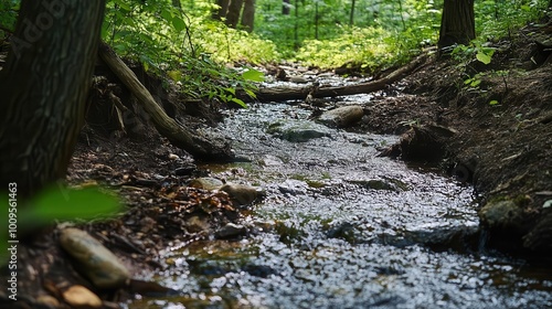 A serene stream flowing through a lush green forest, inviting tranquility and nature appreciation. photo