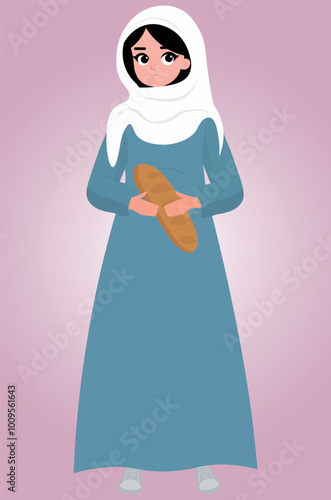 Arab, pregnant woman with bread in hand, illustration