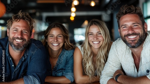 A group of four friends pose with wide smiles in a well-appointed modern interior, highlighting their cheerful disposition and mutual camaraderie in a cozy environment.