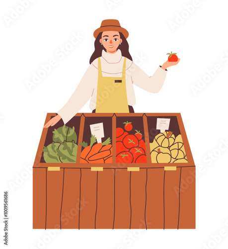 Local farm seller offering fresh vegetables. A female vendor at a market selling fresh  produce. Sustainable retail and organic food sales