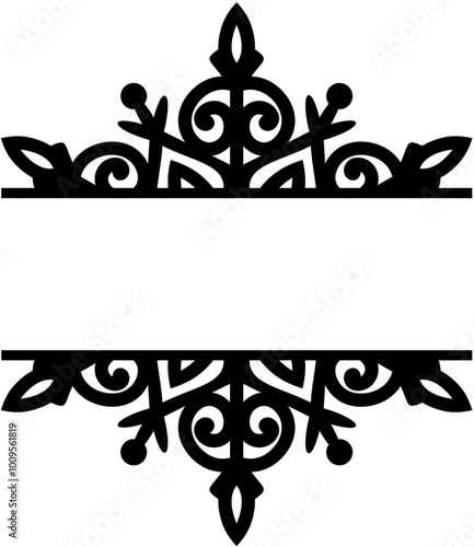 Snowflake split frame outline. Black vector illustration. Christmas silhouette