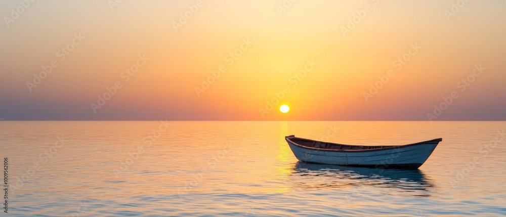 A small boat floats on a large body of water as an orange and blue sunset sky casts above A small boat floats on a large body of water as an orange and blue sunset sky casts above