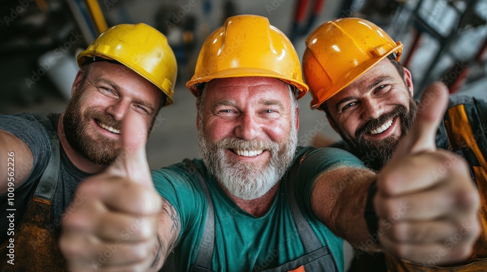 A trio of bearded construction workers in bright yellow helmets share camaraderie and smiles, expressing contentment and unity while posing happily on a worksite project. A trio of bearded construction workers in bright yellow helmets share camaraderie and smiles, expressing contentment and unity while posing happily on a worksite project.