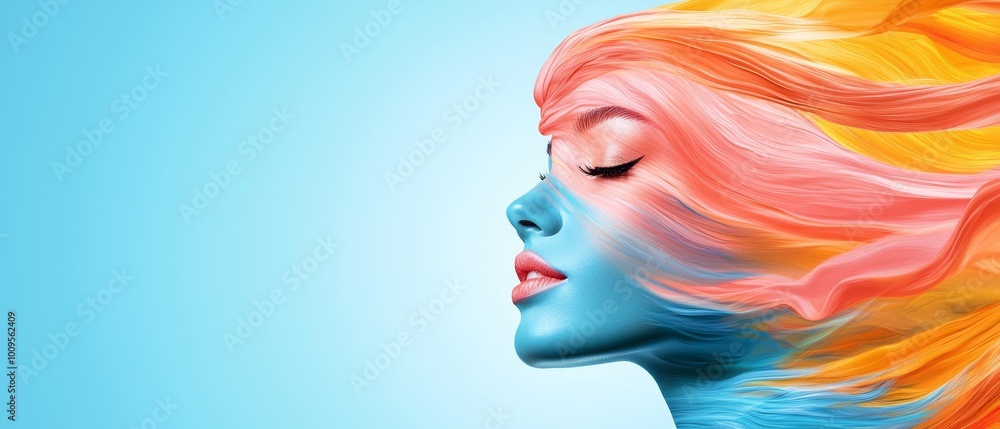 A painting of a woman with long hair and vivid blue-orange hues on her face, her eyes gently closed A painting of a woman with long hair and vivid blue-orange hues on her face, her eyes gently closed