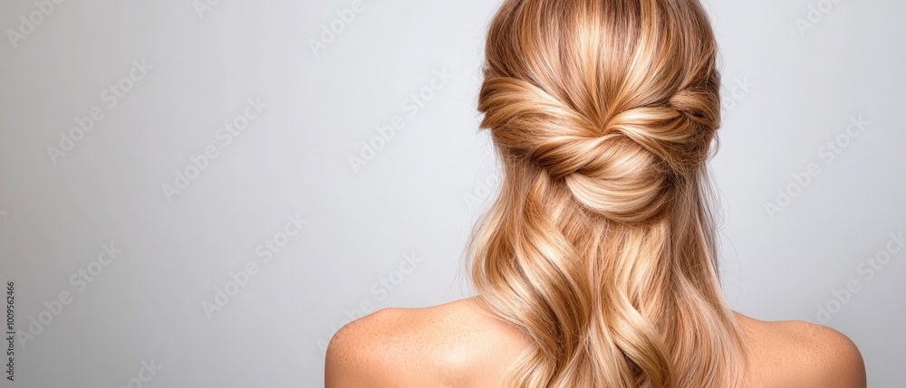 Naklejka premium The back of a woman's head shows long, golden blonde hair in a half-up, half-down braid