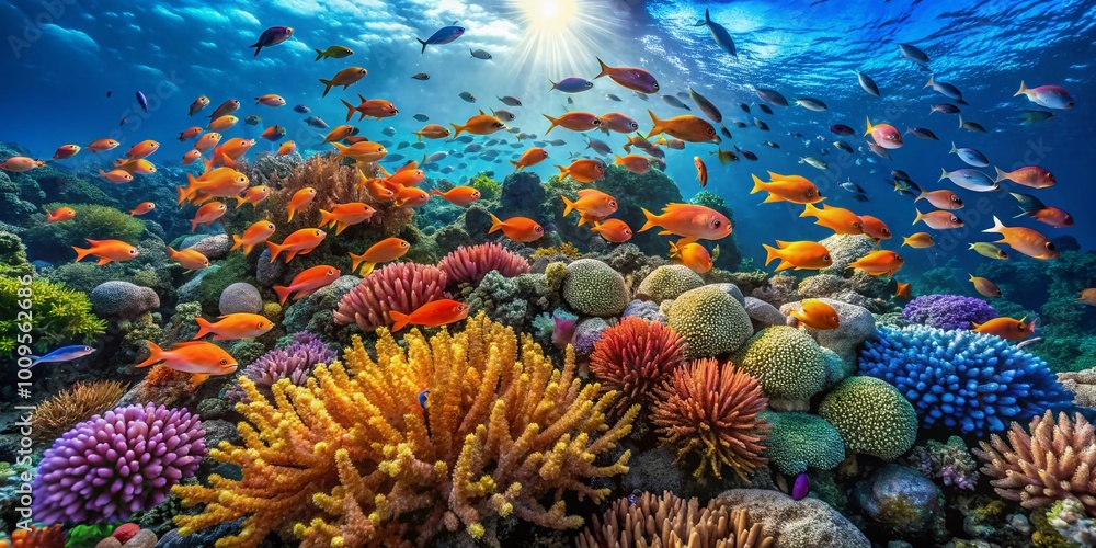 Vibrant Coral Reef with Schools of Fish Under Crystal Clear Ocean Water in a Serene Undersea World Vibrant Coral Reef with Schools of Fish Under Crystal Clear Ocean Water in a Serene Undersea World