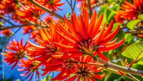 Vibrant Coral Tree Leaves Against a Bright Background Showcasing Nature's Stunning Palette of Colors photo