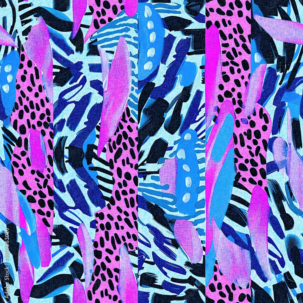 Naklejka premium Fun girly camouflage pattern in vibrant stripes and spotted seamless design . Modern skin texture patched effect for festival and beach wear style in repeat .