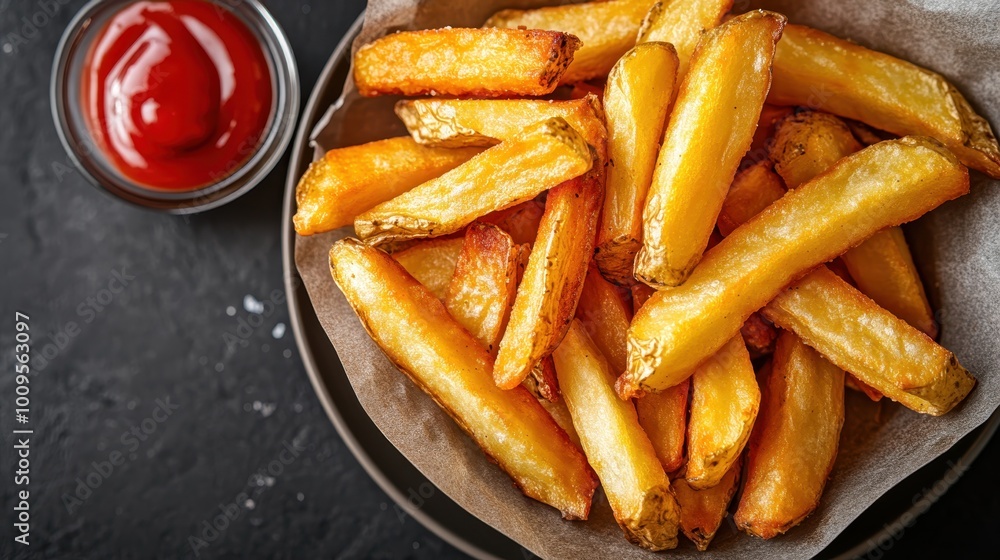 Perfect rustic fries seasoned with salt, creatively styled with a bowl of flavorful ketchup, arranged on a wooden background, offering a tasty visual appeal. Perfect rustic fries seasoned with salt, creatively styled with a bowl of flavorful ketchup, arranged on a wooden background, offering a tasty visual appeal.