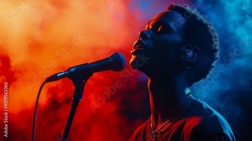 A person sings passionately into a microphone, surrounded by vibrant blue and orange swirling lights, creating a dynamic and emotive atmosphere