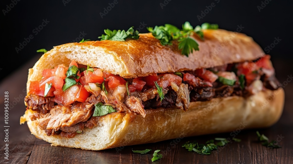 A flavorsome sandwich made with crusty bread, tender meat, and topped with zesty salsa, making it a delightful choice for any mealtime enjoyment. A flavorsome sandwich made with crusty bread, tender meat, and topped with zesty salsa, making it a delightful choice for any mealtime enjoyment.