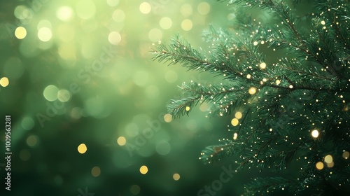 A close-up of a pine branch with soft, green bokeh lights in the background creating a dreamy, festive atmosphere