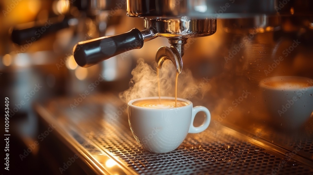 A steaming cup of coffee is being brewed from an espresso machine, showcasing the rich flow of espresso as it fills the cup A steaming cup of coffee is being brewed from an espresso machine, showcasing the rich flow of espresso as it fills the cup