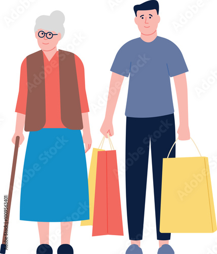 Man carrying shopping bags for elderly woman. Senior help