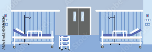 Hospital ward room interior. Hospital bed. Hospital room illustration. Emergency room interior design. Bed in hospital room. Health care. Medical center. Public health care. Clinic room.