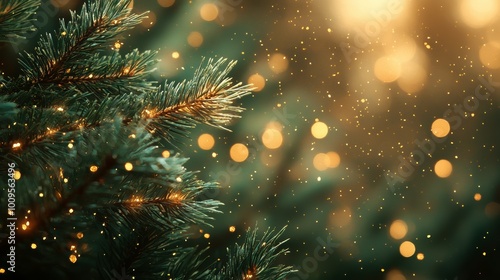 A close-up of evergreen branches adorned with soft, glowing lights and sparkling dust, creating a warm and festive atmosphere