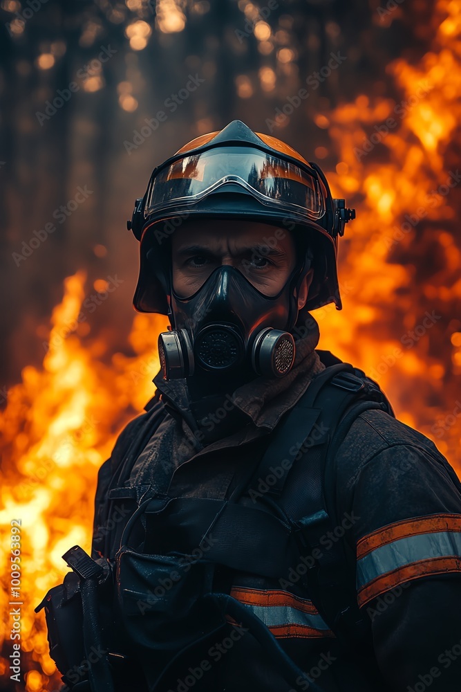 A brave firefighter stands resilient against raging flames, showcasing courage and determination in a hazardous environment. A brave firefighter stands resilient against raging flames, showcasing courage and determination in a hazardous environment.