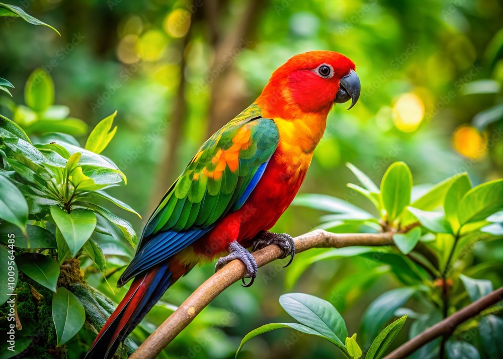 Vibrant Ekkie Parrot Perched on a Branch Surrounded by Lush Green Foliage in Natural Habitat Vibrant Ekkie Parrot Perched on a Branch Surrounded by Lush Green Foliage in Natural Habitat