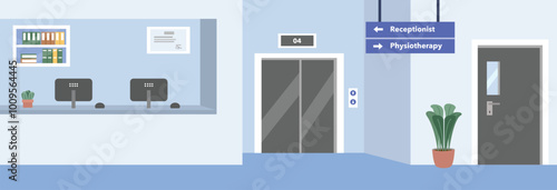Hospital receptionist. Hospital administration. Hospital elevator illustration. Work in hospital. Medical center. Health center. Clinic illustration. Public health services.
