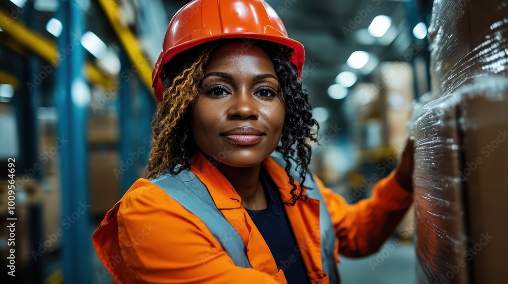 A female worker in an orange safety helmet and vest oversees order maintenance in a warehouse, symbolizing safety, vigilance, and organizational skill. A female worker in an orange safety helmet and vest oversees order maintenance in a warehouse, symbolizing safety, vigilance, and organizational skill.