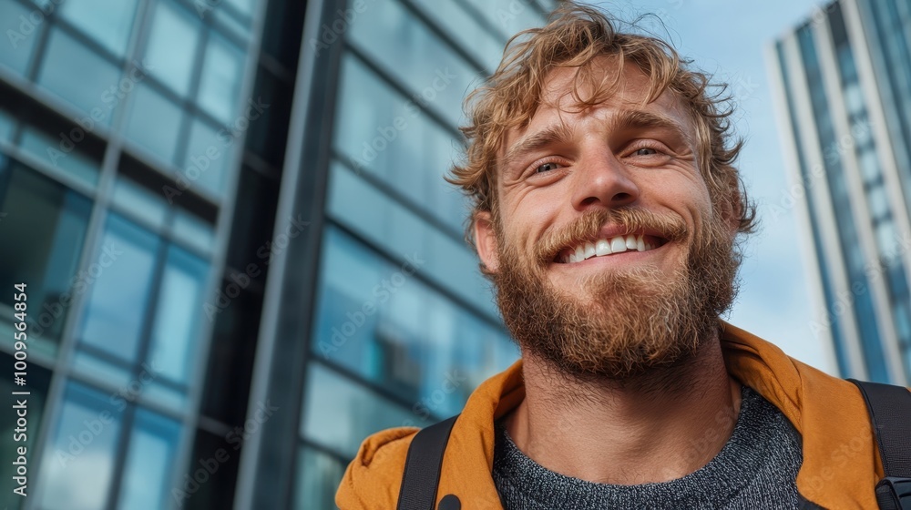 A bearded man with a joyful expression stands against the background of tall, glass office buildings, embodying a sense of accomplishment and ambition. A bearded man with a joyful expression stands against the background of tall, glass office buildings, embodying a sense of accomplishment and ambition.