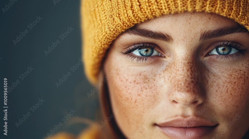 A striking close-up portrait of a woman with captivating green eyes and freckles, wearing a yellow beanie, showcasing beauty and style in a modern fashion setting. A striking close-up portrait of a woman with captivating green eyes and freckles, wearing a yellow beanie, showcasing beauty and style in a modern fashion setting.