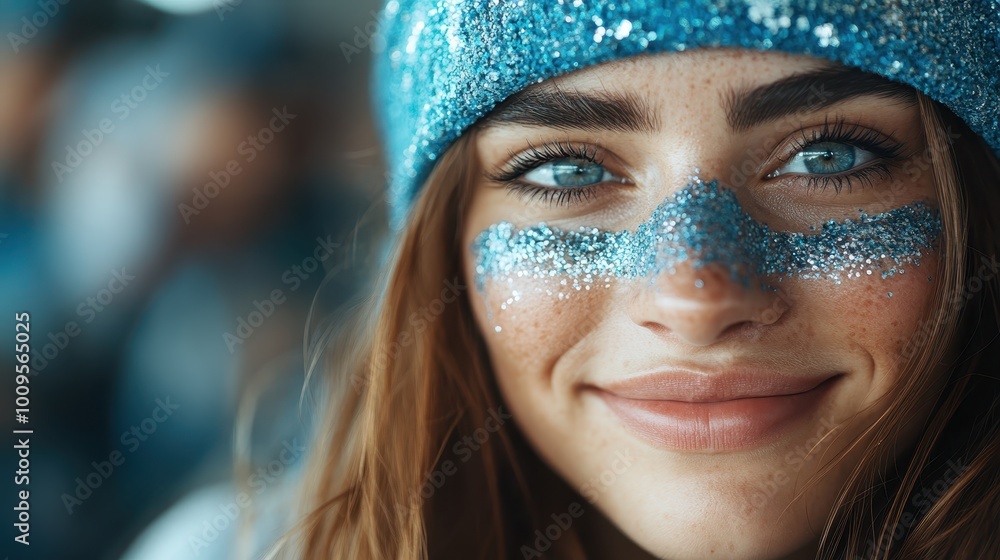 A close-up photo of a woman's face with sparkling blue glitter across her nose, highlighting creative expression and joyful individuality, set in an artistic context. A close-up photo of a woman's face with sparkling blue glitter across her nose, highlighting creative expression and joyful individuality, set in an artistic context.