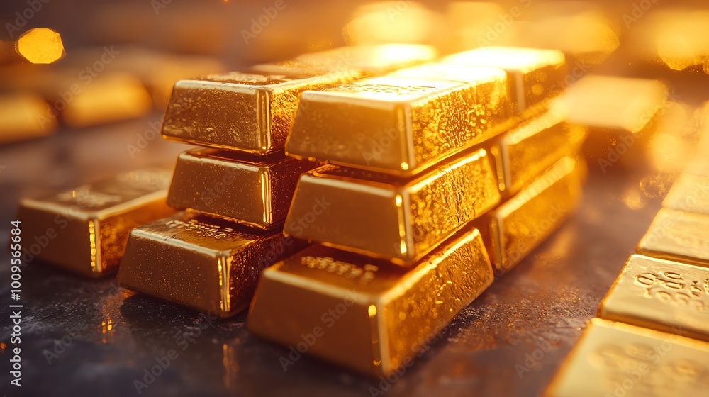 Stack of shiny gold bars arranged on a reflective surface bathed in warm, golden light, representing wealth and investment opportunities. Stack of shiny gold bars arranged on a reflective surface bathed in warm, golden light, representing wealth and investment opportunities.