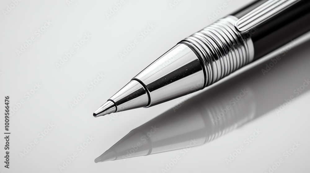 Close-up of a sleek silver pen resting on a reflective surface, showcasing its elegant design and precision. Close-up of a sleek silver pen resting on a reflective surface, showcasing its elegant design and precision.
