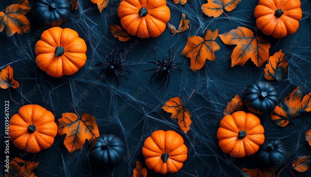 A vibrant arrangement of pumpkins and autumn leaves on a dark background, perfect for Halloween-themed decor and celebrations. A vibrant arrangement of pumpkins and autumn leaves on a dark background, perfect for Halloween-themed decor and celebrations.