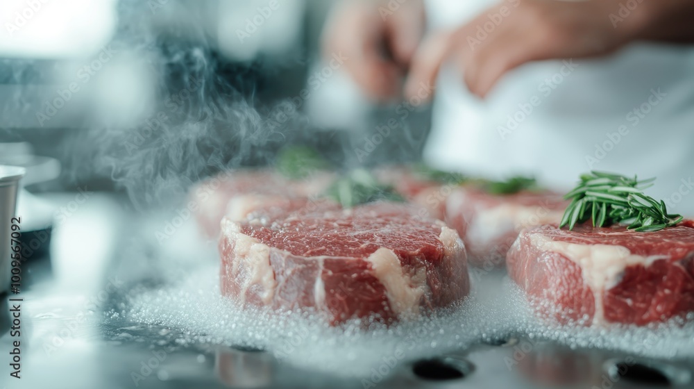 Close-up of raw steaks sizzling on a hot grill, exuding aromatic steam with sprigs of rosemary, creating a mouthwatering scene in a gourmet kitchen setting. Close-up of raw steaks sizzling on a hot grill, exuding aromatic steam with sprigs of rosemary, creating a mouthwatering scene in a gourmet kitchen setting.