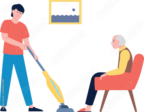 Senior help. Man vacuum cleaning floor for old man