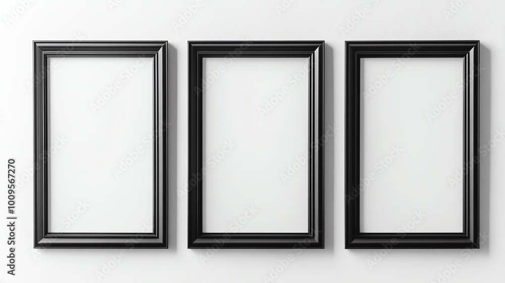 Three empty black frames on a white wall, perfect for showcasing art or photos in a modern decor setting. Three empty black frames on a white wall, perfect for showcasing art or photos in a modern decor setting.