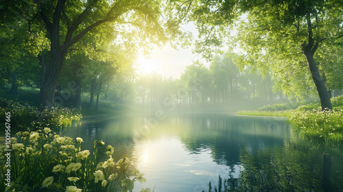 Photorealistic nature reserve with a freshwater lake surrounded by lush greenery