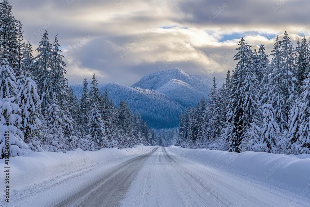 Obraz premium A serene winter landscape featuring a snow-covered road flanked by tall evergreen trees.