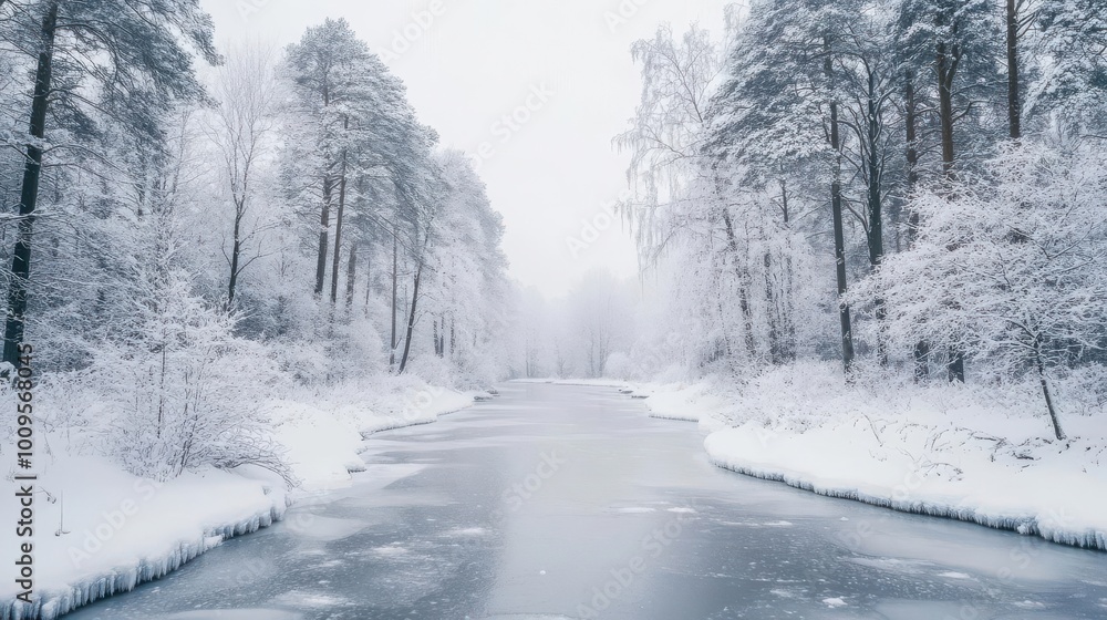 A serene winter landscape featuring a snowy river surrounded by frosted trees. A serene winter landscape featuring a snowy river surrounded by frosted trees.