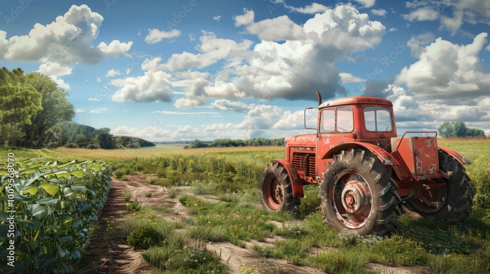 A red tractor is parked in a field of corn A red tractor is parked in a field of corn