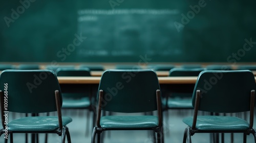 Neatly arranged green chairs facing a blackboard in a school classroom, ready for students to occupy and partake in a structured educational session in a peaceful setting.