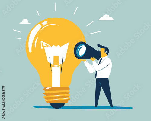 Business Vision and Creativity Concept: Businessman using Binoculars to Explore New Solutions and Opportunities through Lightbulb Idea