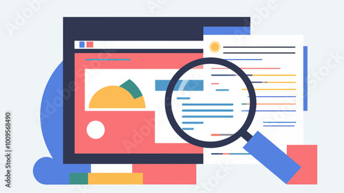 SEO Optimization Concept Vector Illustration with Magnifying Glass, Graphs and Analysis on Browser Window for Digital Marketing and Search Engine Optimization Strategies