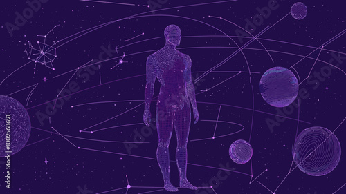 Wireframe Human Figure in Starry Space with Planets and Constellations, Blue and Purple Vector Illustration Minimalist SVG for Science and Technology Concepts