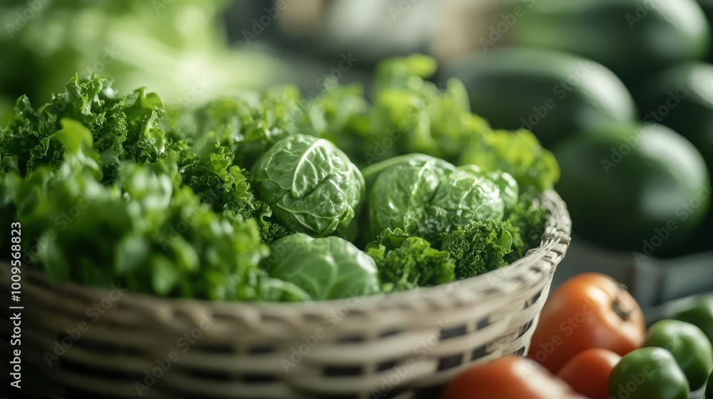 A woven basket filled with fresh green vegetables like lettuce and Brussels sprouts, accompanied by tomatoes, representing nature's wholesome offerings. A woven basket filled with fresh green vegetables like lettuce and Brussels sprouts, accompanied by tomatoes, representing nature's wholesome offerings.