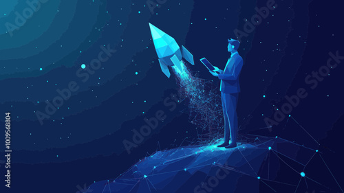 Futuristic Businessman Holding Tablet with Rocket Launch Hologram, Digital Start-Up Concept, Vector 3D Illustration in Blue, Low Poly Style