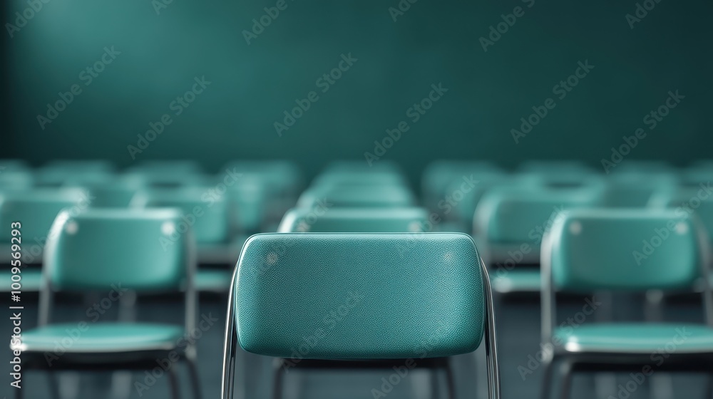 Obraz premium Ordered classroom chairs in rows with a central focus on a single chair, representing education and discipline in a minimalistic environment ready for students.