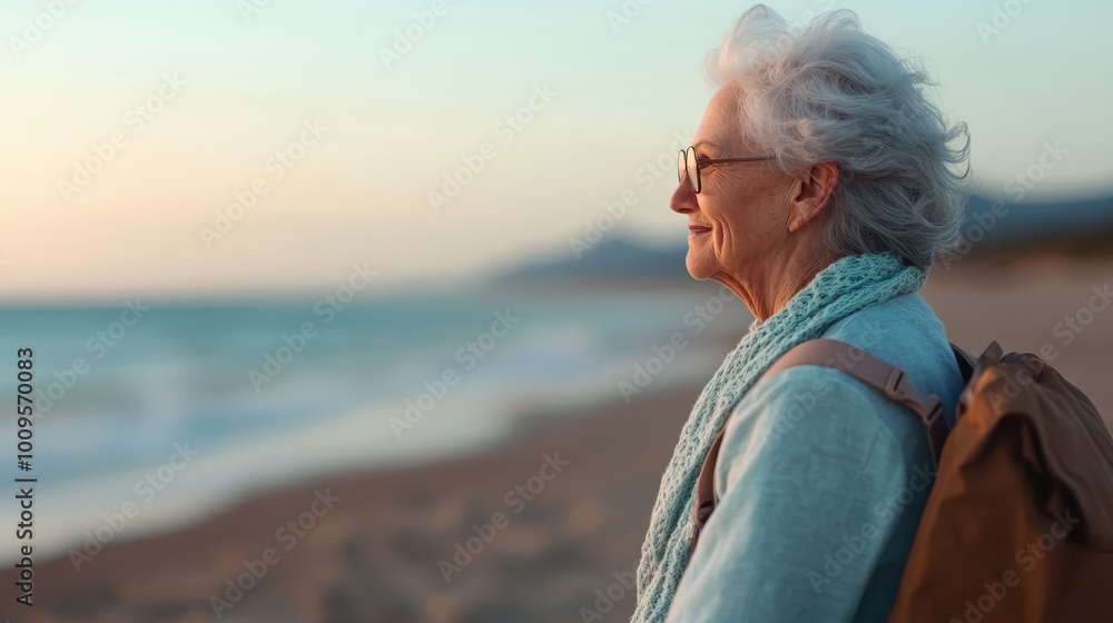 Fototapeta premium An older woman with glasses and a backpack enjoys a calm morning at the beach, looking content and reflective as the sun rises over the sea.