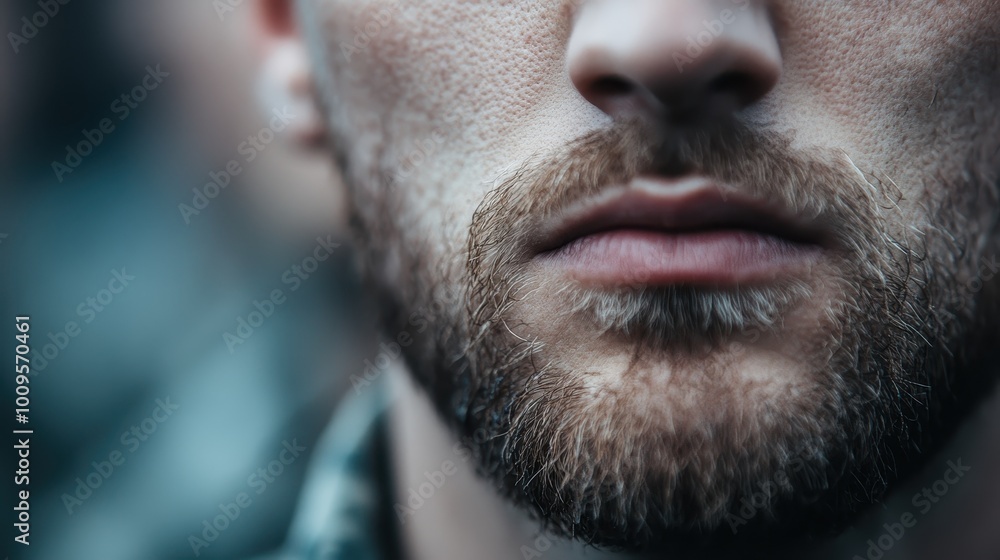 This image captures a detailed close-up of a man's bearded chin and lips, highlighting textures and features of facial hair and skin in an introspective manner. This image captures a detailed close-up of a man's bearded chin and lips, highlighting textures and features of facial hair and skin in an introspective manner.