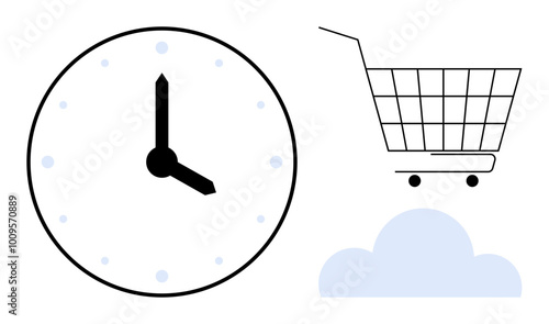 Clock with black hands and dots, empty shopping cart on wheels and a cloud in blue. Ideal for time management, online shopping, cloud storage, productivity tools, minimal design