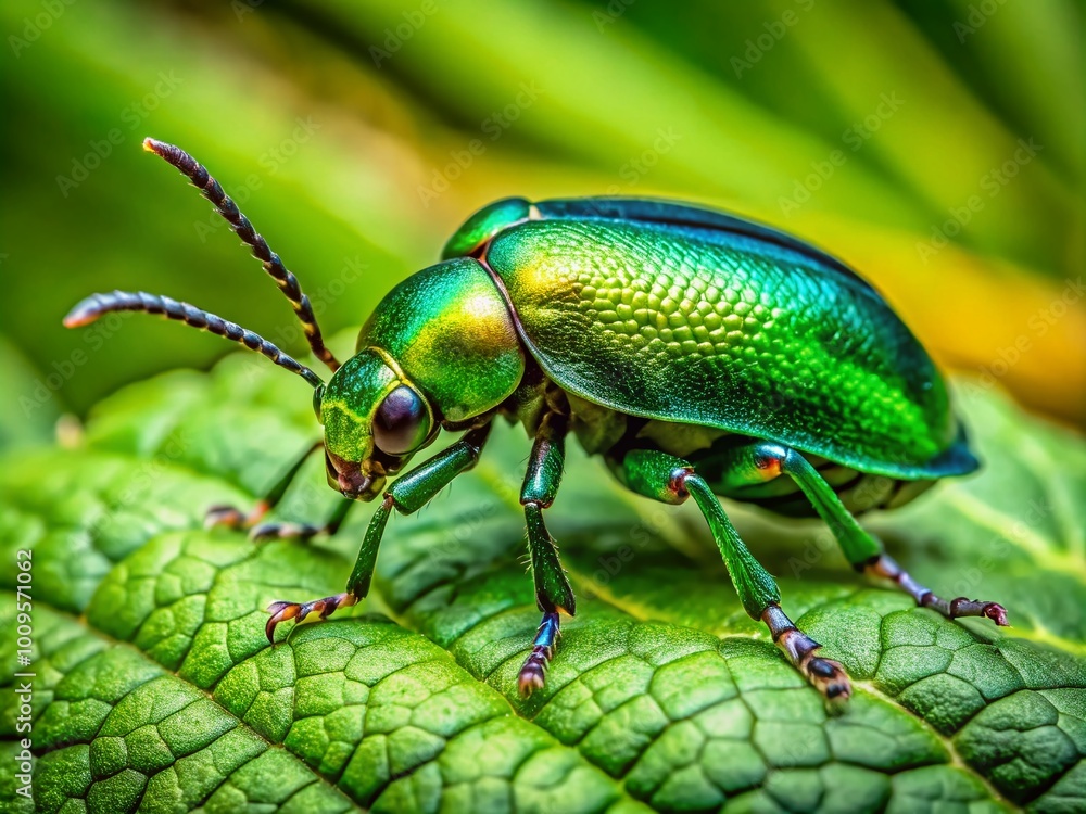 Vibrant Green Beetle Crawling on a Leaf in a Lush Natural Environment Under Bright Sunlight Vibrant Green Beetle Crawling on a Leaf in a Lush Natural Environment Under Bright Sunlight