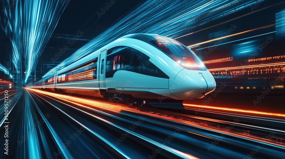 High-speed train in motion, vibrant light trails High-speed train in motion, vibrant light trails
