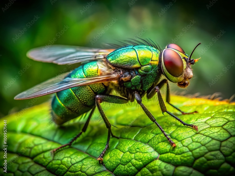 Vibrant Green Flying Insect Resting on Leaf in Natural Habitat Under Bright Sunlight Vibrant Green Flying Insect Resting on Leaf in Natural Habitat Under Bright Sunlight